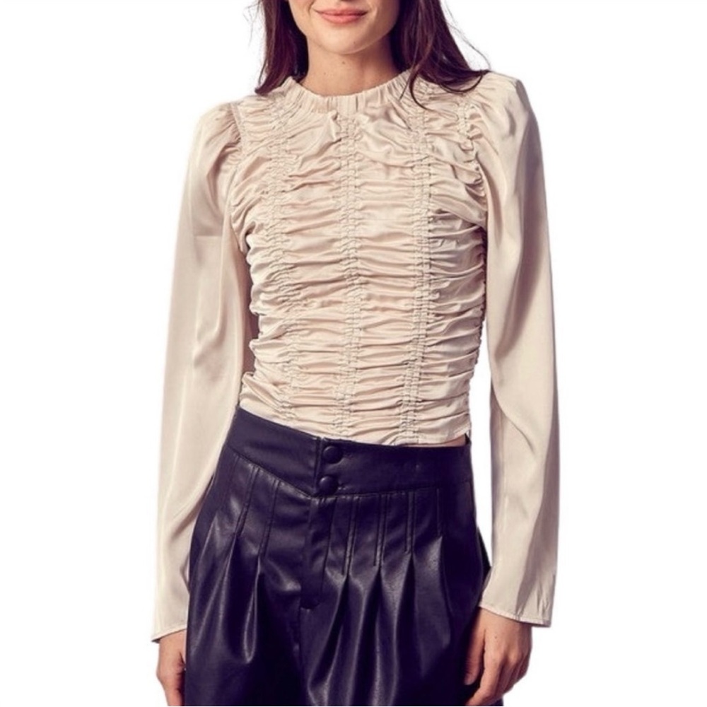 NWT DO+BE Silk Ruched Bodice Blouse in Satin Champagne / Blush Pink